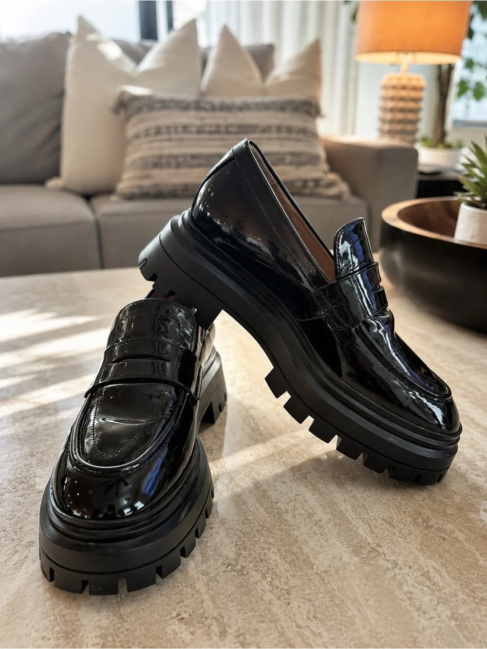 Stuart Weitzman Black Patent Leather Chunky Platform Loafers Size 6